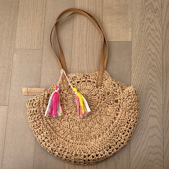 Handbags - Tan Crochet Tote with Colorful Tassels